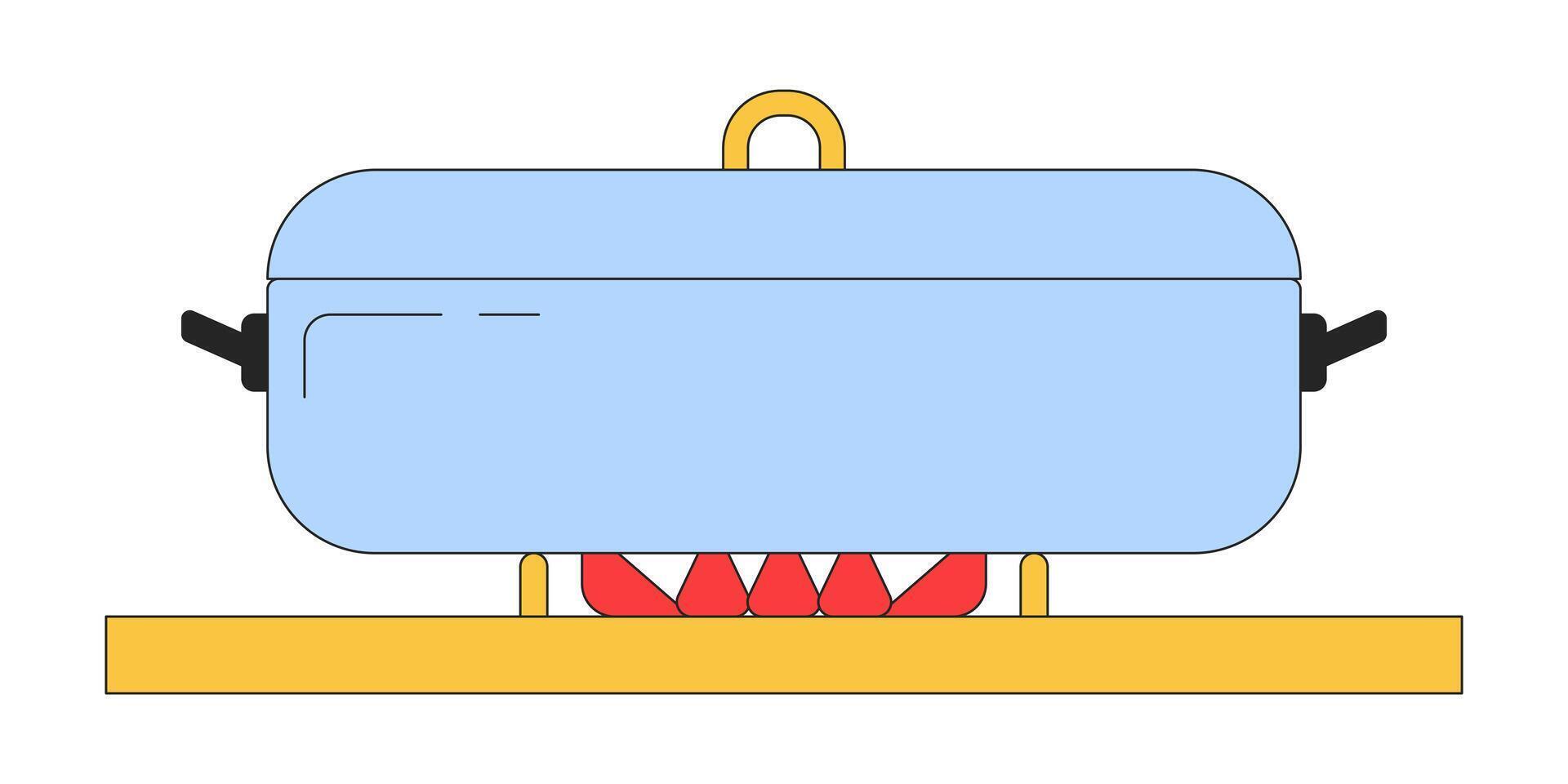 piano cottura pentola coperchio 2d lineare cartone animato oggetto. cena preparazione. cucinando utensili da cucina isolato linea elemento bianca sfondo. pentola su stufa fiamme. pasto preparazione colore piatto individuare illustrazione vettore