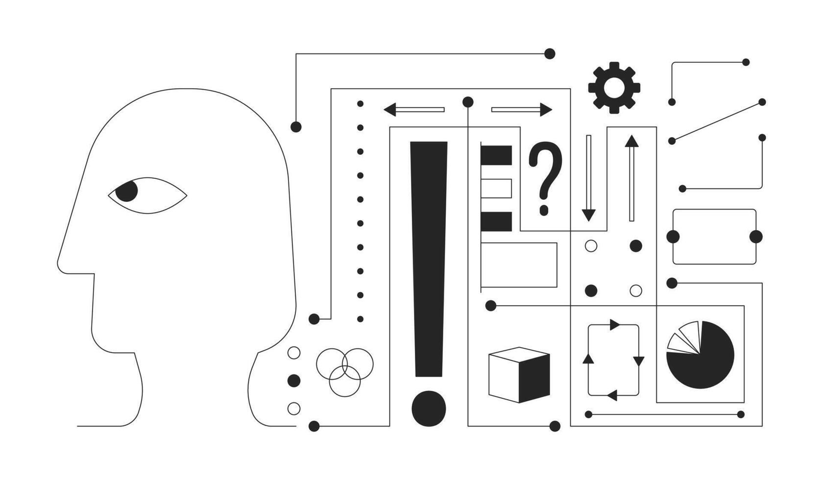 in profondità apprendimento ai nero e bianca 2d illustrazione concetto. artificiale intelligenza algoritmo cartone animato schema oggetto isolato su bianca. decisione rendere. neurale Rete dati metafora monocromatico arte vettore