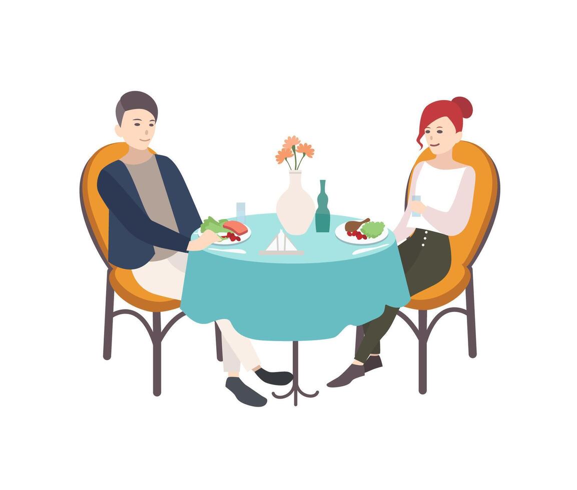 paio di giovane uomo e donna vestito nel elegante Abiti seduta a tavolo decorato di tovaglia e fiori nel vaso e avendo il pranzo. moderno coppia cenare a ristorante. cartone animato illustrazione. vettore