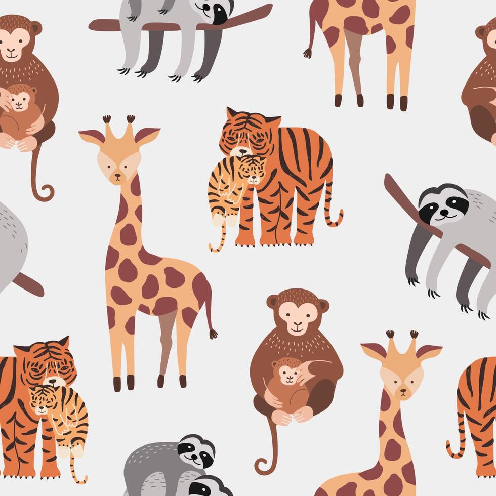 senza soluzione di continuità modello con vario carino e divertente cartone animato zoo animali su bianca sfondo - scimmie, pigrizia, tigre, giraffa. colorato illustrazione per tessuto Stampa, sfondo, involucro carta. vettore