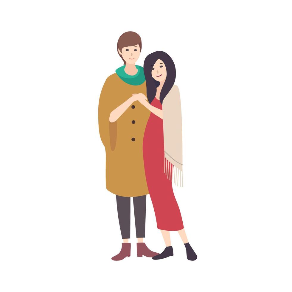 paio di giovane donne indossare alla moda vestiario, in piedi insieme, Abbracciare una persona e sorridente. moderno lesbica coppia. piatto cartone animato personaggi isolato su bianca sfondo. colorato illustrazione. vettore