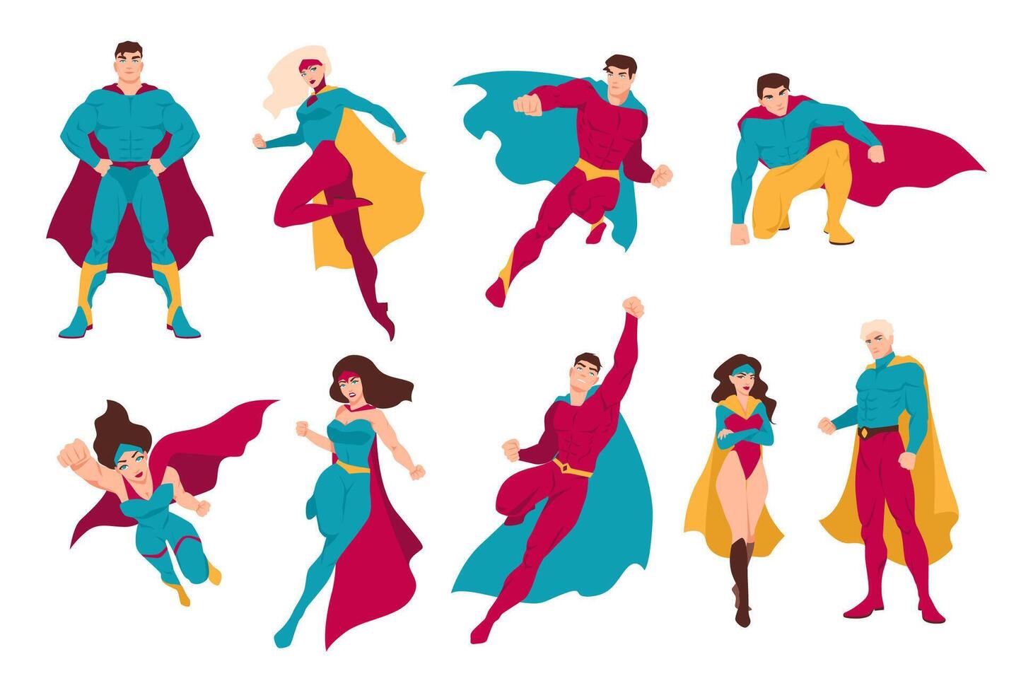 collezione di supereroi. fascio di uomini e donne con super poteri. impostato di maschio e femmina cartone animato o comico personaggi indossare aderente costumi e cappe. colorato piatto illustrazione. vettore