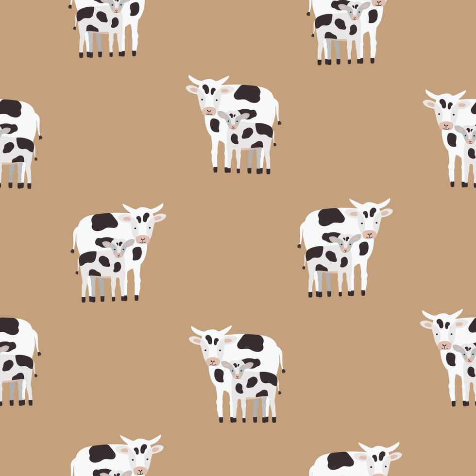 senza soluzione di continuità modello con mucca e vitello rivestito nel nero e bianca cerotti. fondale con carino cartone animato animali su Marrone sfondo. colorato illustrazione per tessile Stampa, sfondo, involucro carta. vettore