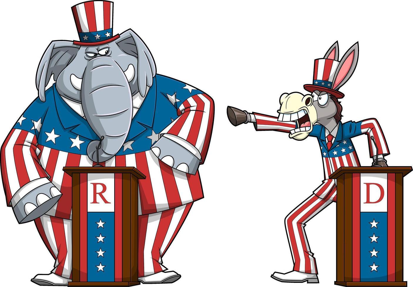 repubblicano elefante vs democratico asino cartone animato personaggi vettore