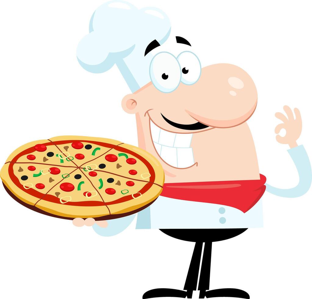 sorridente capocuoco uomo cartone animato personaggio Tenere un' Pizza e Esprimere a gesti ok vettore