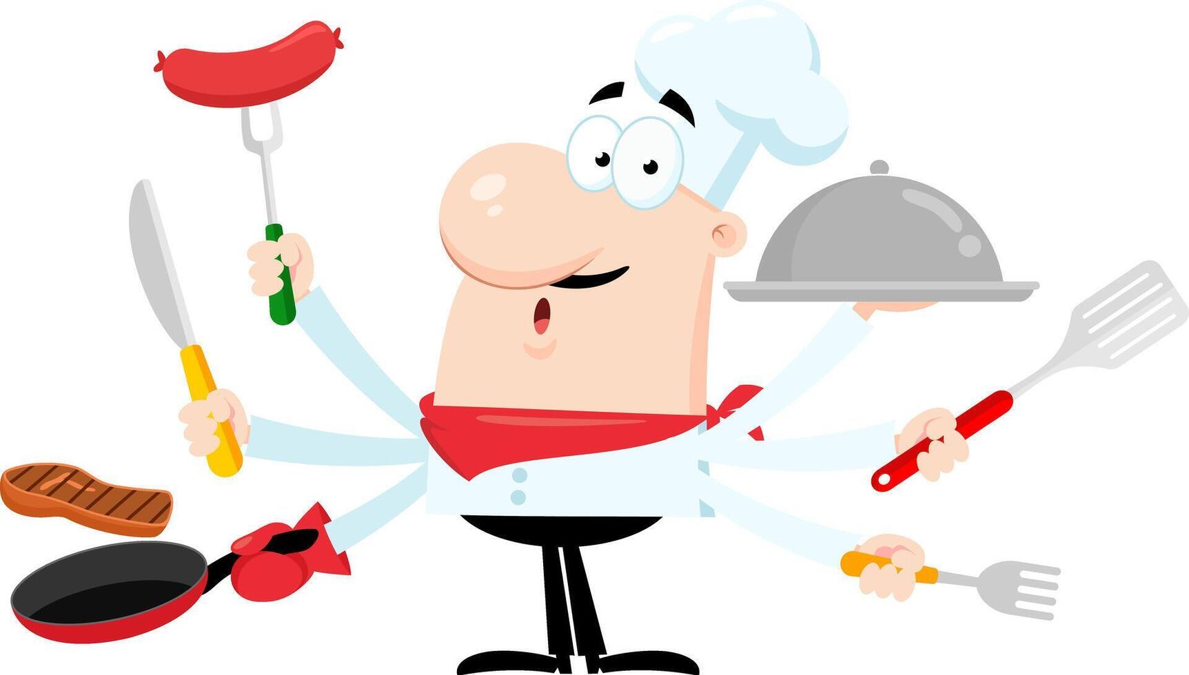 capocuoco uomo cartone animato personaggio multitasking a cucina vettore