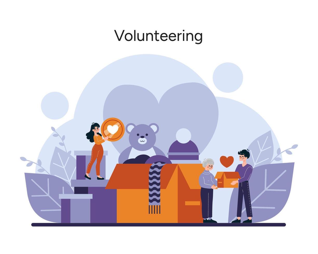un' sentito illustrazione in mostra il spirito di dando, con gioioso volontari coinvolgente nel Comunità servizio e donazione attività vettore