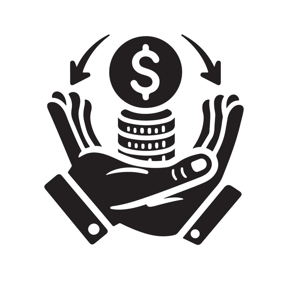 i soldi su il mano silhouette stile. Salva i soldi icona, investimento, finanza cartello. vettore