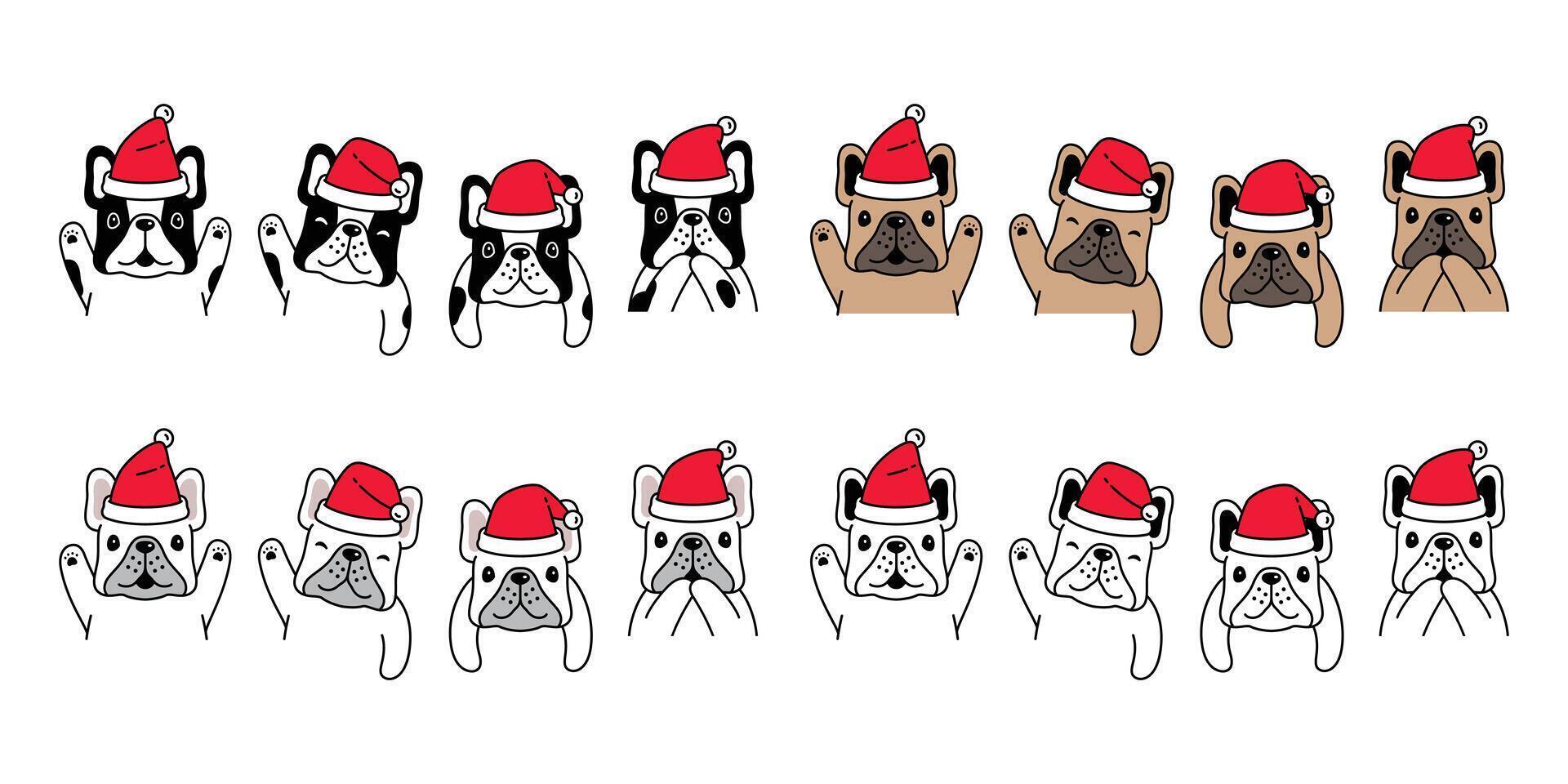 cane Natale francese bulldog Santa Claus cappello icona cucciolo animale domestico personaggio cartone animato simbolo sciarpa illustrazione scarabocchio design vettore