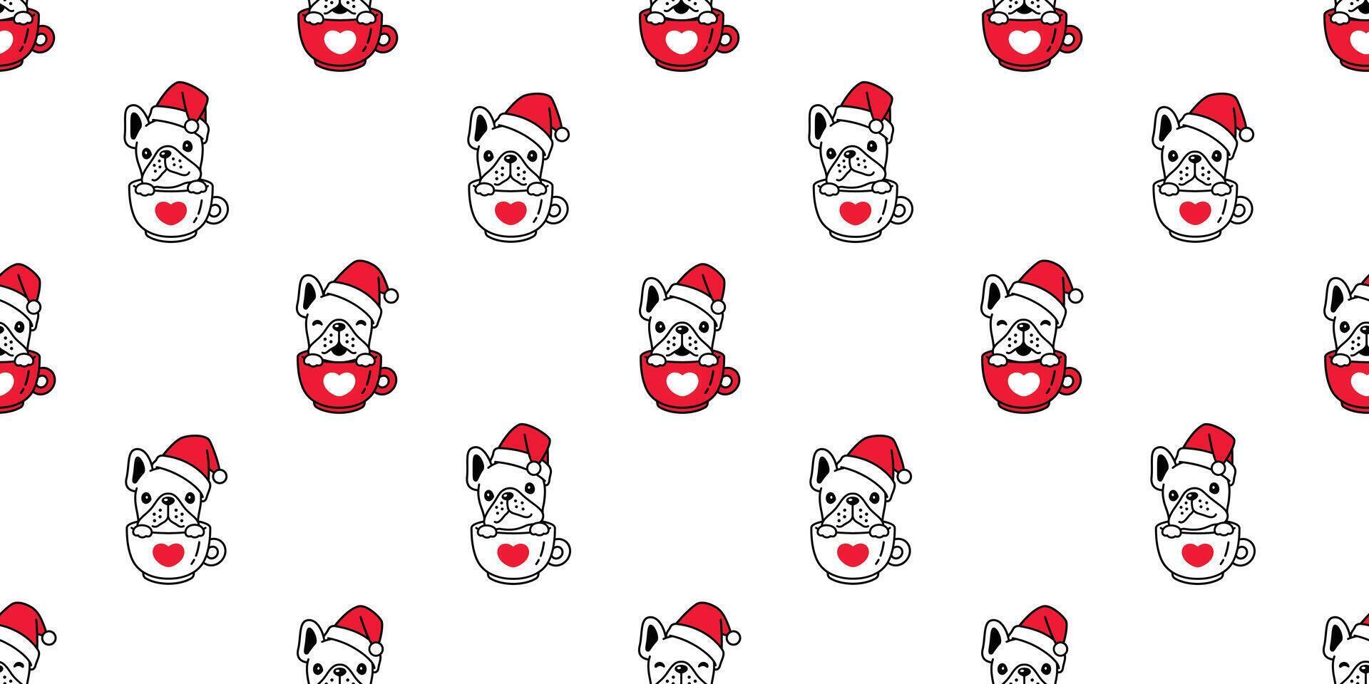 cane senza soluzione di continuità modello Natale francese bulldog Santa Claus cappello caffè tazza cartone animato piastrella sfondo ripetere sfondo sciarpa isolato illustrazione design vettore
