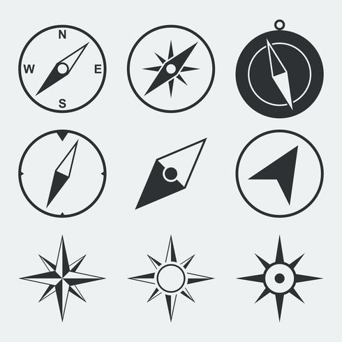 Set di icone piane di bussola di navigazione vettore