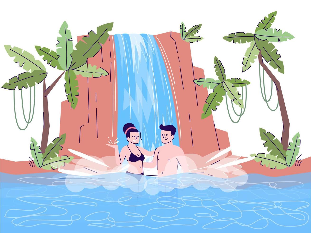 coppie che nuotano nell'illustrazione piana di scarabocchio della cascata. turisti in piscina calda naturale. vacanza nel paese tropicale. Indonesia turismo personaggio dei cartoni animati 2D con contorno per uso commerciale vettore