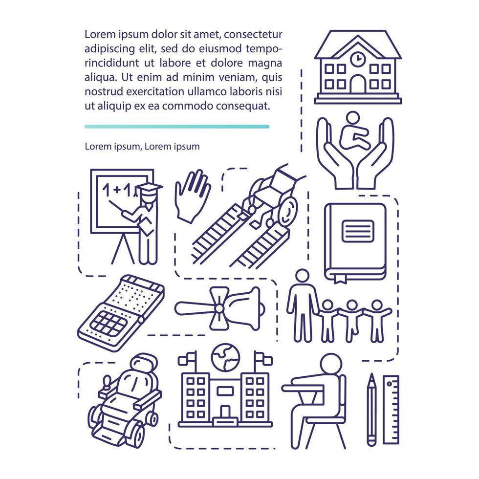 icona del concetto di educazione inclusiva con testo. l'accesso alla conoscenza per i ragazzi disabili. pari opportunità. modello di vettore di pagina ppt. brochure, rivista, elemento di design per opuscoli con illustrazioni lineari