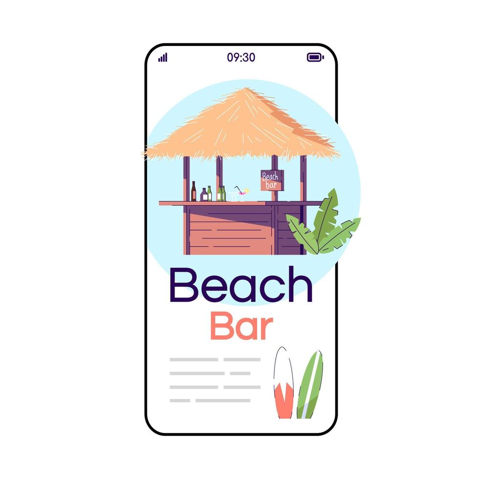 schermo dell'app di vettore dello smartphone del fumetto della barra della spiaggia. località bali. caffè all'aperto. turismo indonesiano. display del telefono cellulare con mockup di design a carattere piatto. interfaccia carina del telefono dell'applicazione