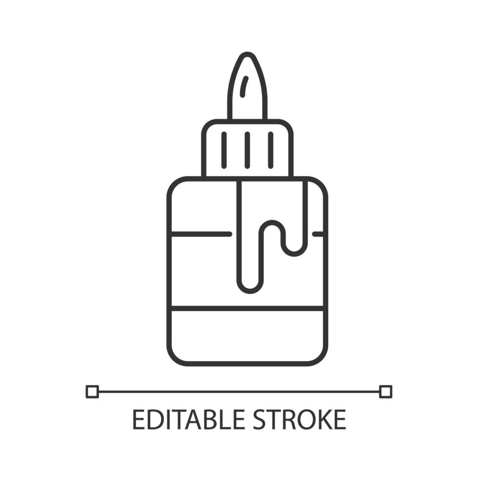 icona lineare della bottiglia di colla. forniture per artigianato e hobby. legare insieme materiali cartacei. illustrazione personalizzabile linea sottile. simbolo di contorno. disegno vettoriale isolato profilo. tratto modificabile