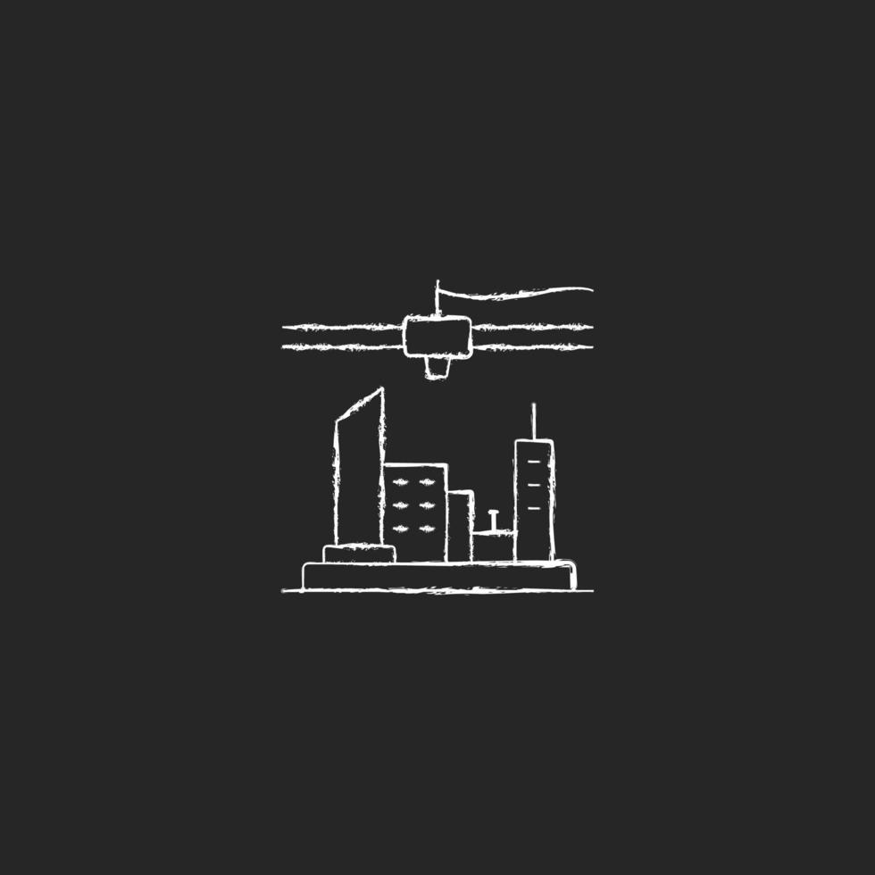 Icona bianca di gesso del piano della città stampato in 3D su sfondo scuro. disegno urbano. tecnologia di visualizzazione. industria di costruzioni. che rappresenta l'infrastruttura. illustrazione di lavagna vettoriale isolato su nero
