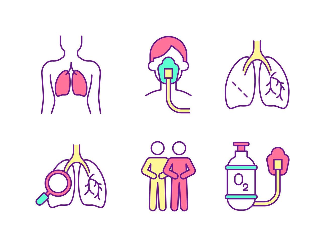 set di icone di colore rgb per l'assistenza sanitaria dei polmoni. riabilitazione polmonare. trattamento respiratorio. serbatoio di ossigeno. terapia respiratoria. illustrazioni vettoriali isolate. semplice raccolta di disegni a linee piene