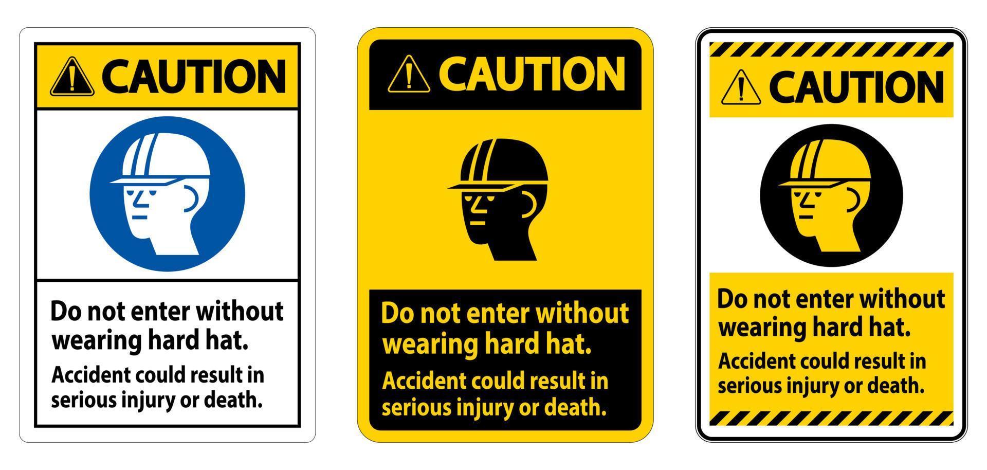 segnale di avvertimento non entrare senza indossare un elmetto, l'incidente potrebbe causare lesioni gravi o morte vettore