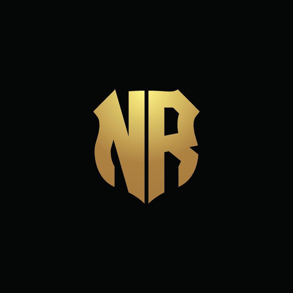 nr logo monogramma con colori dorati e modello di design a forma di scudo vettore