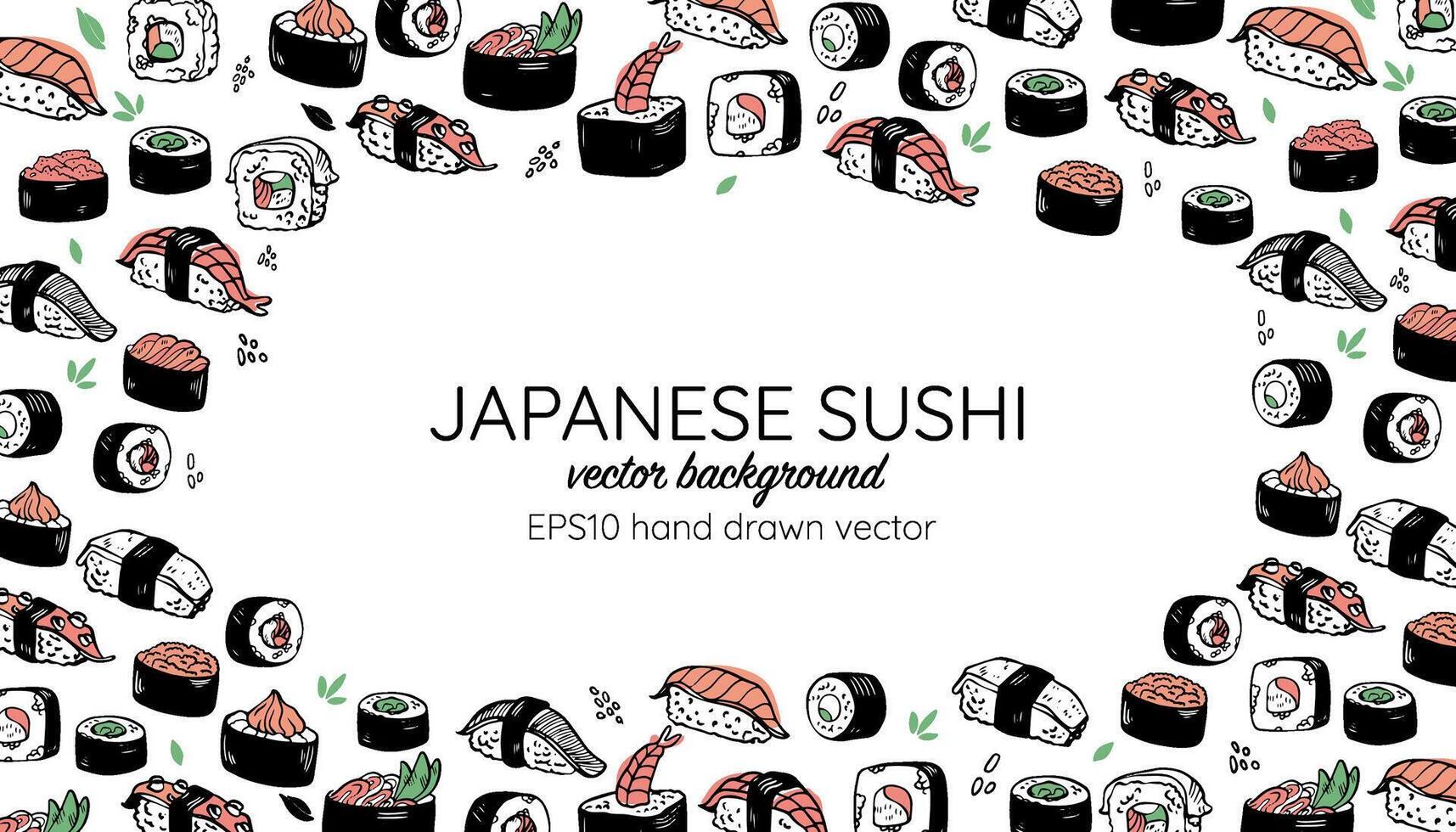 Sushi sbarra, giapponese cibo mano disegnato sfondo vettore
