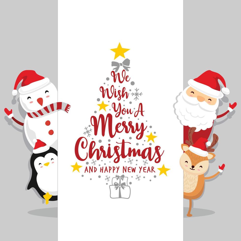 Babbo Natale pinguino cervo con cartello testo buon natale e felice anno nuovo - testo grigio.eps vettore