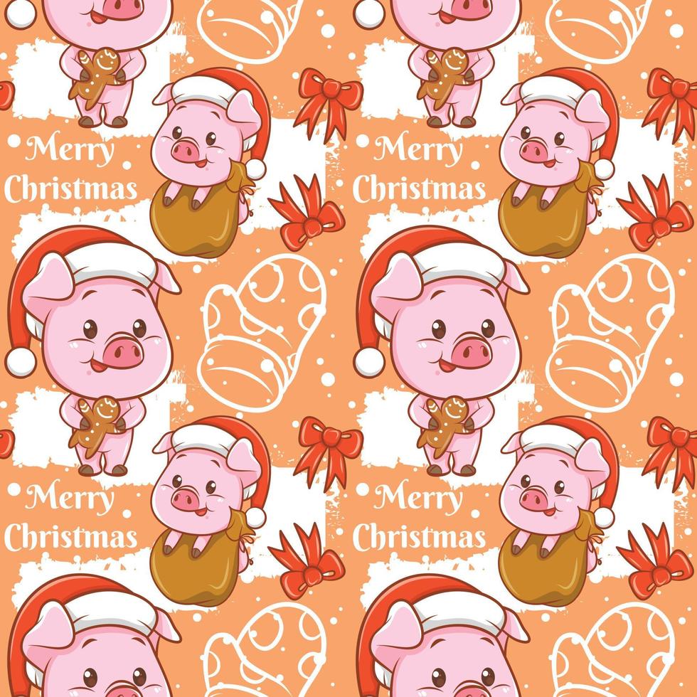 simpatico personaggio dei cartoni animati di maiale natale seamless pattern vettore