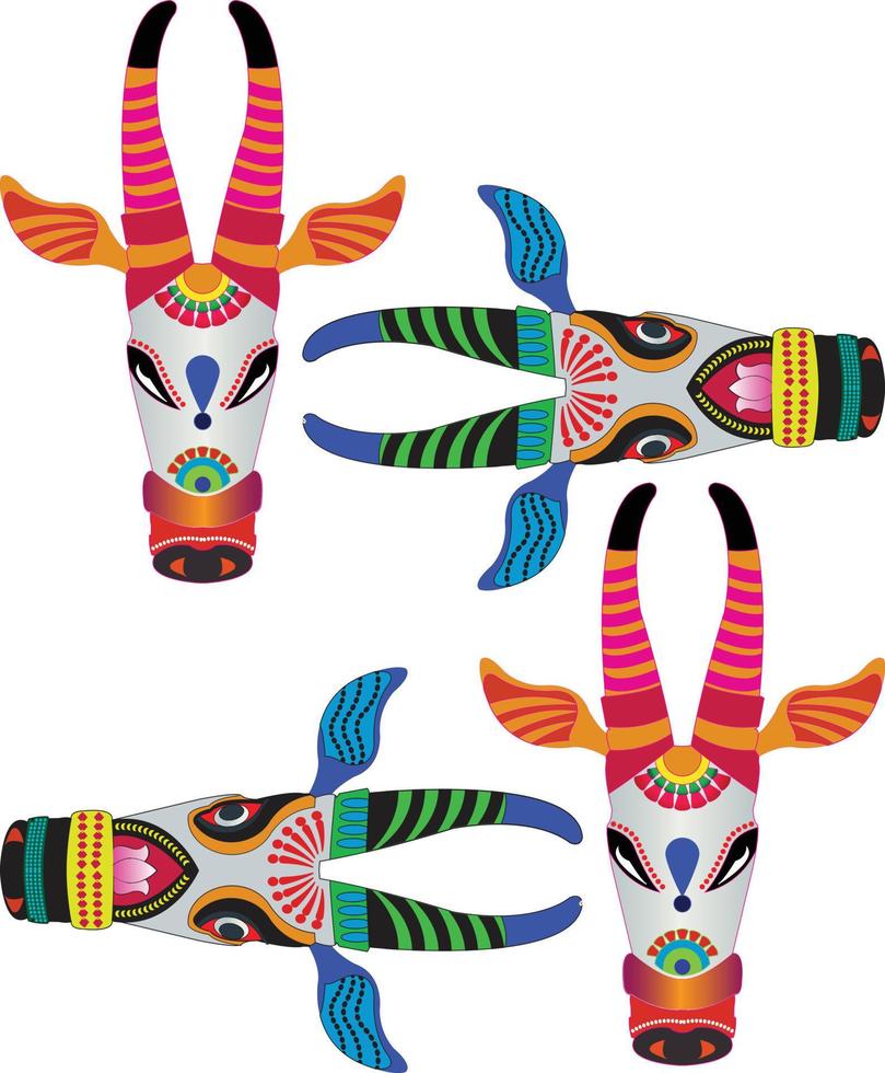maschera di cartapesta kala thala o toro. Kerala. india del sud può essere utilizzato per un libro da colorare, stampe su tessuto, custodia per telefono, biglietto di auguri. logo, calendario. in stile kalamkari madhubani vettore
