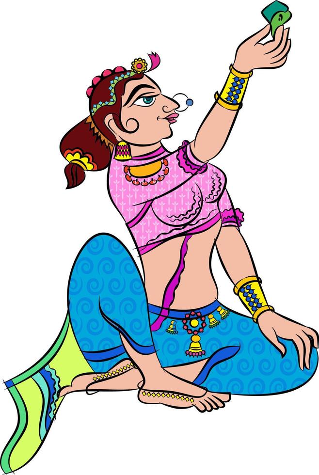 gopika, sevika, o servi della signora del signore hanno disegnato nell'arte popolare indiana, in stile kalamkari. per la stampa tessile, logo, carta da parati vettore
