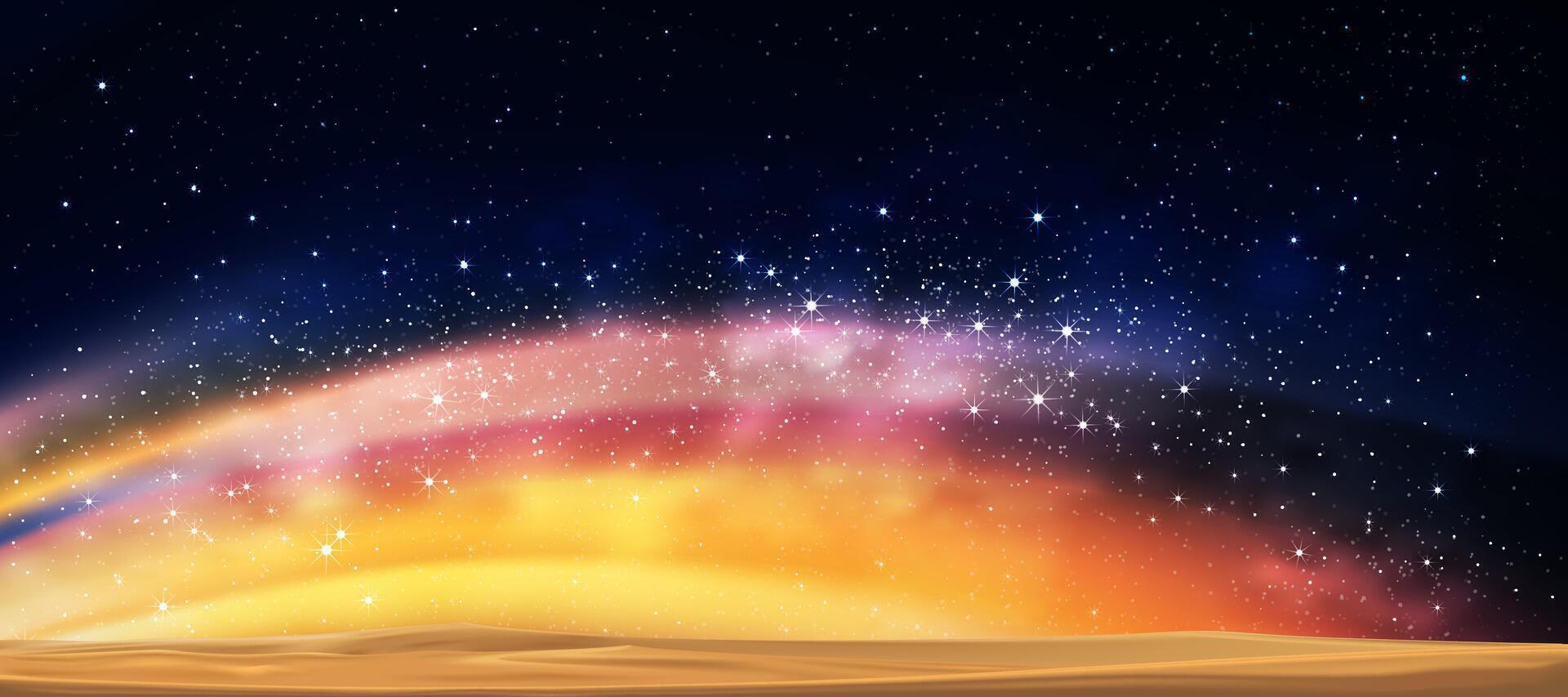 cielo notte con stellato, Ramadan sfondo tramonto con deserto sabbia duna,bellissimo universo spazio di galassia con latteo modo paesaggio. islamico per Ramadan kareem, eid mubarak, eid al adha, eid al Fitr vettore