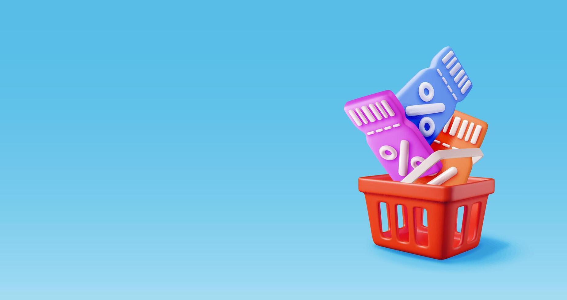 3d shopping carrello e buono con percentuale simbolo. rendere realistico shopping cestino e colorato sconto voucher; tagliando. vendita sconto liquidazione. in linea Al dettaglio acquisti. vettore