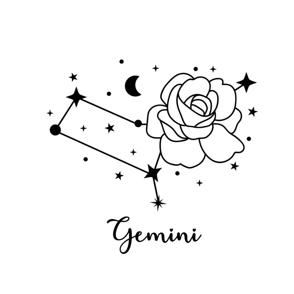 Gemelli zodiaco cartello con Luna, fiore e stelle. celeste costellazione vettore
