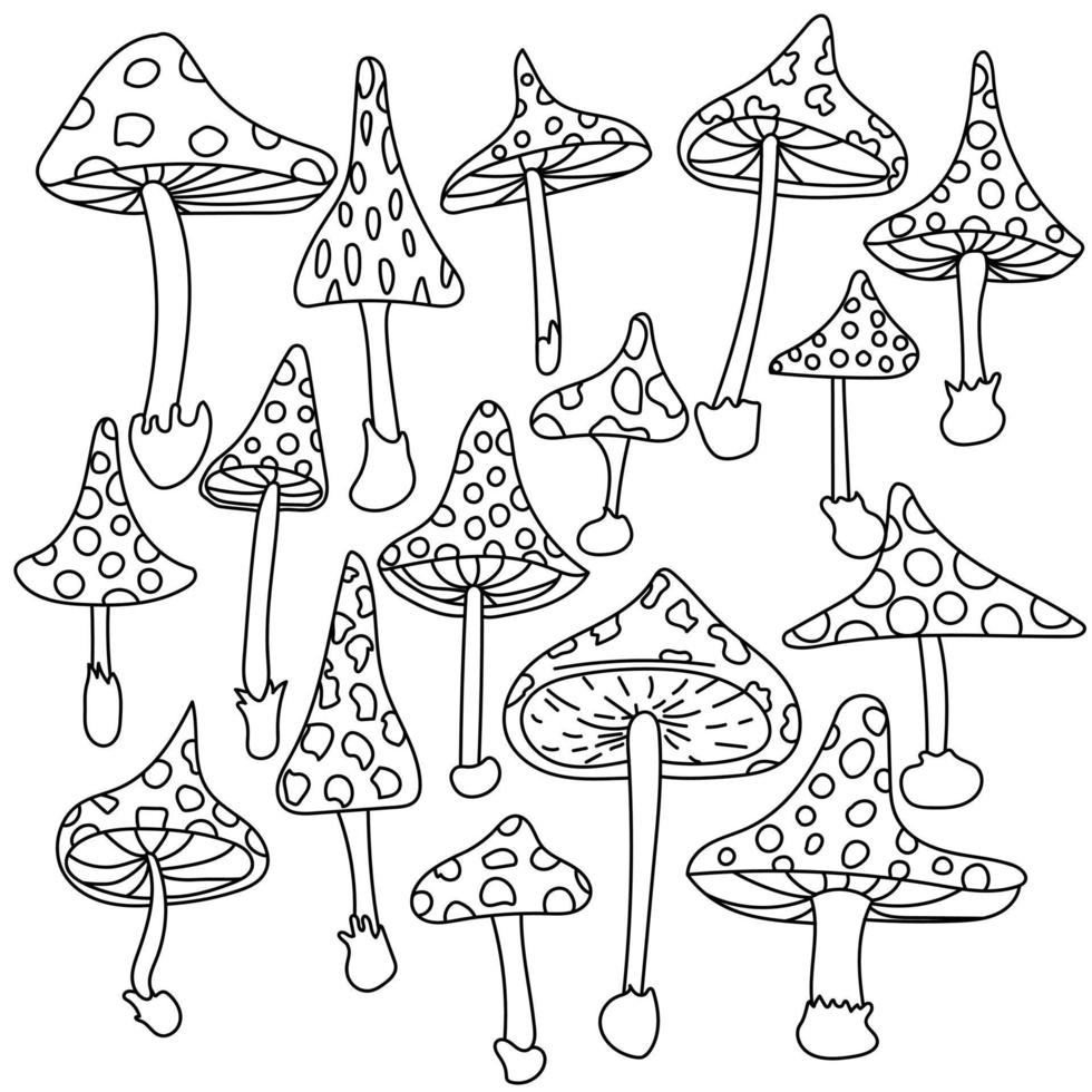 set di contorni di funghi amanita, agarico di mosca in stile doodle per colorare o disegnare vettore