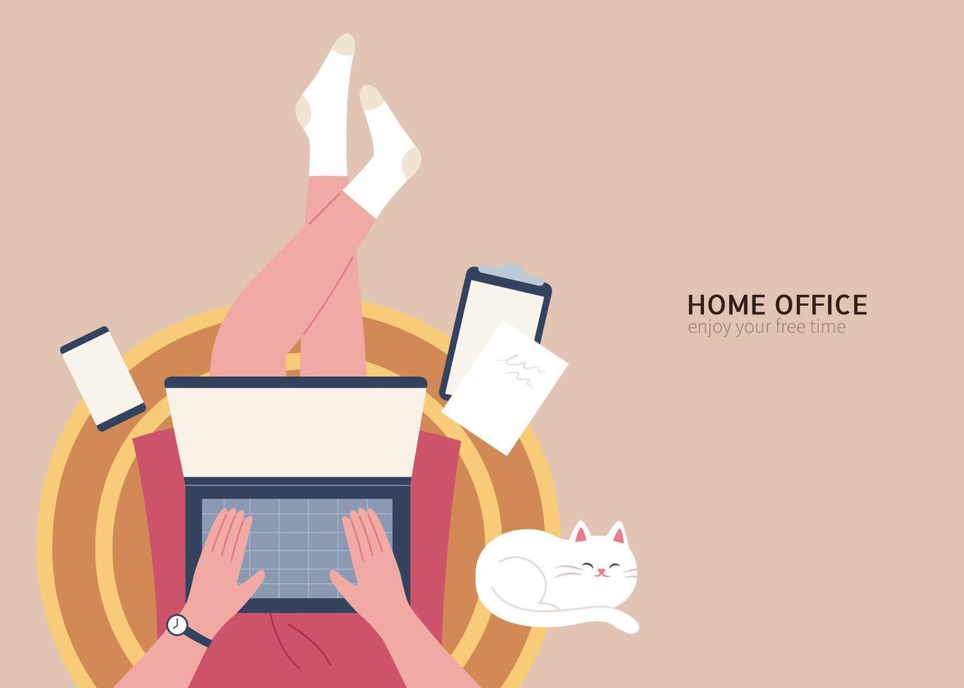 pov tiro di un' donna seduta su tappeto e Lavorando su il computer portatile con gatto addormentato di. casa ufficio concetto piatto illustrazione design. vettore