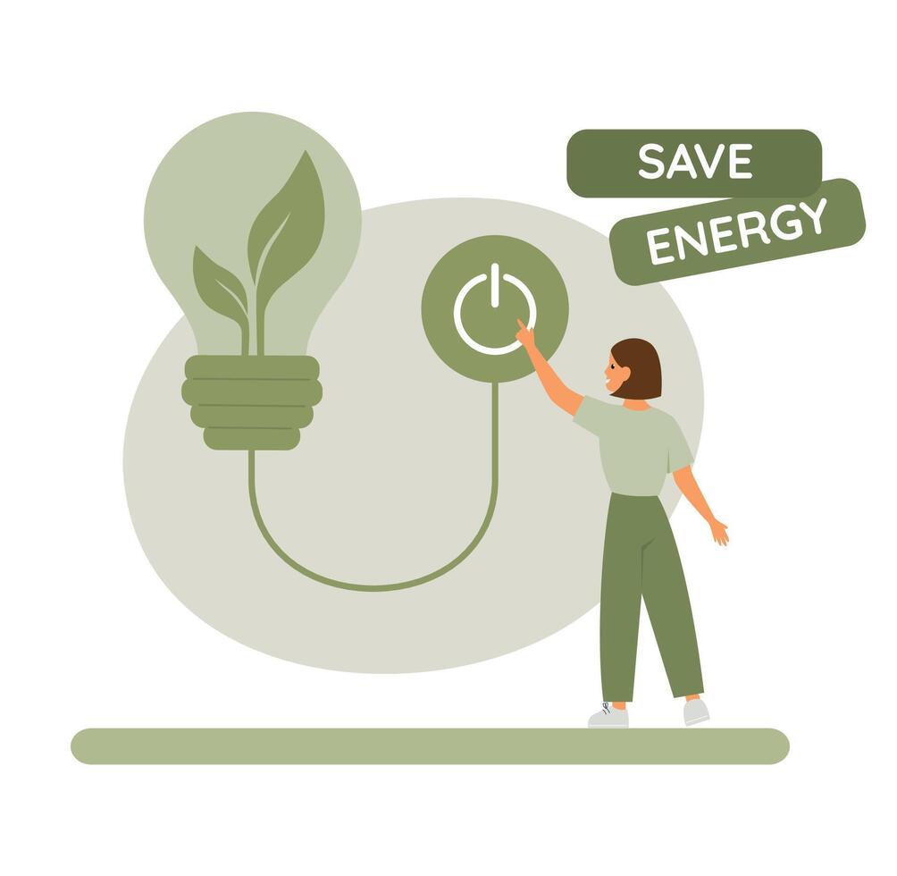 Salva energia concetto. donna spingere spegnimento simbolo. energia icona con lampadina con verde le foglie. illustrazione. vettore