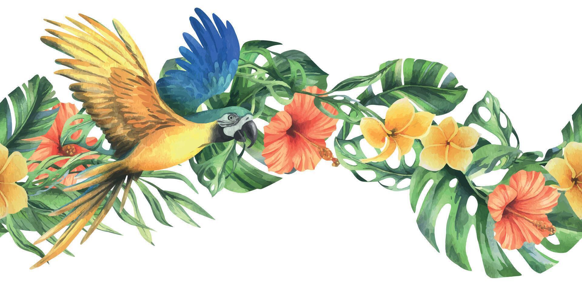 tropicale palma foglie, Monstera e fiori di plumeria, ibisco, luminosa con blu-giallo ara pappagallo. mano disegnato acquerello botanico illustrazione. senza soluzione di continuità confine è isolato a partire dal il sfondo. vettore