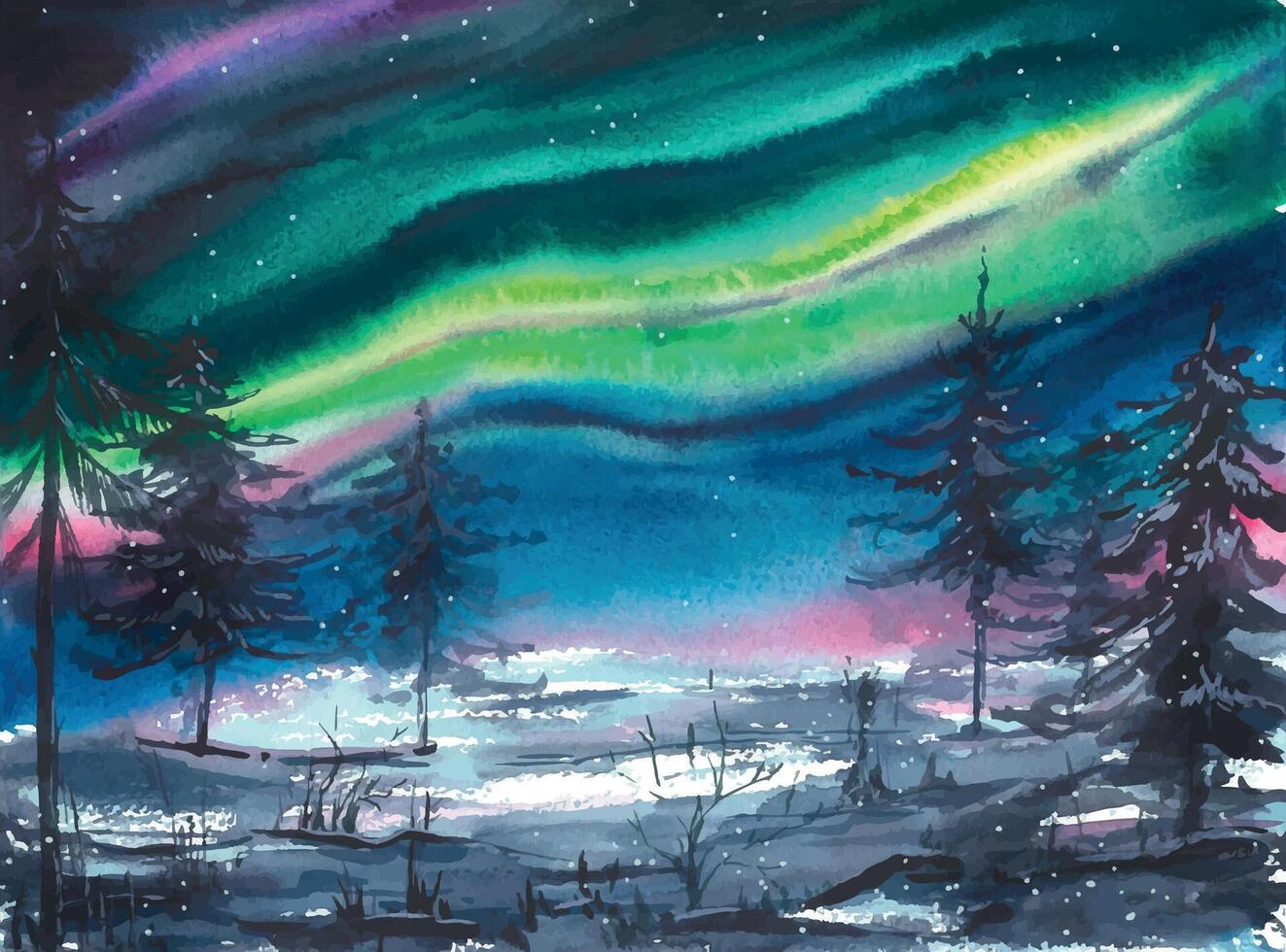 acquerello, inverno illustrazione, paesaggio con il settentrionale luci nel il notte cielo, con neve e Natale alberi. per decorazione e design di Natale stampe, cartoline, carte, manifesti, dipinti vettore