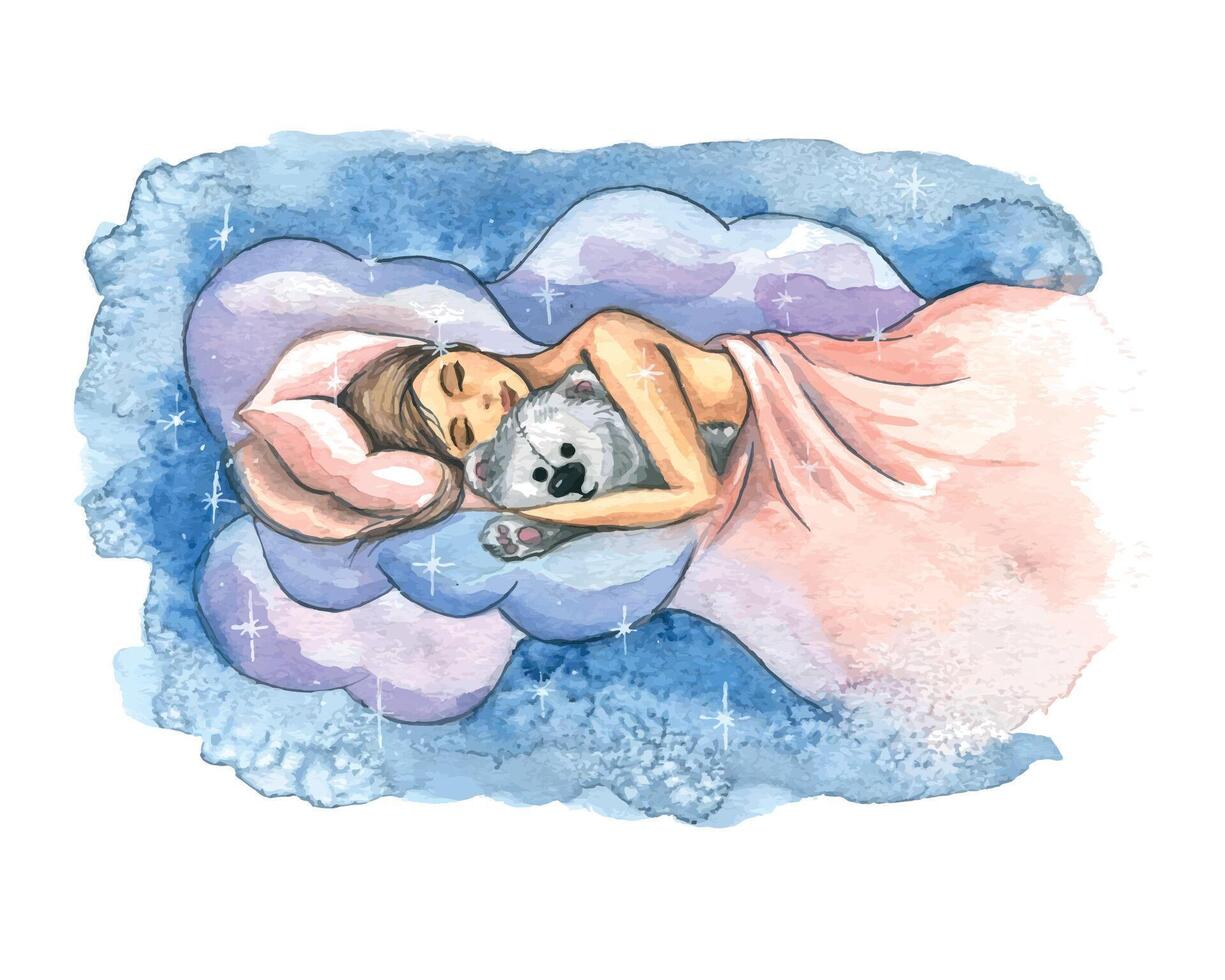 acquerello illustrazione di un' addormentato ragazza nel il nuvole con un' morbido orso sotto il lenzuolo. un' gentile, dolce schizzo. per disegno, decorazione, manifesto. cartoline, stampe, illustrazioni. vettore