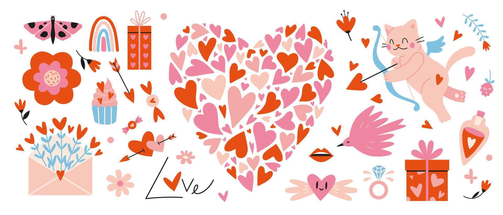 grande cuore fatto a partire dal piccolo cuori e romantico oggetti piace Cupido gatto, i regali e fiori. san valentino giorno concetto, cartone animato stile. di moda moderno illustrazione isolato su bianca, mano disegnato, piatto vettore