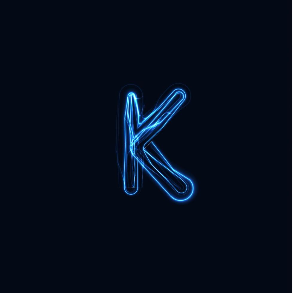 fulmine lettera realistica k, logo di guanti luminosi, simbolo di stile bagliore di energia elettrica, segno di tipo plasma tesla blu. illustrazione vettoriale di fulmine, design tipografico