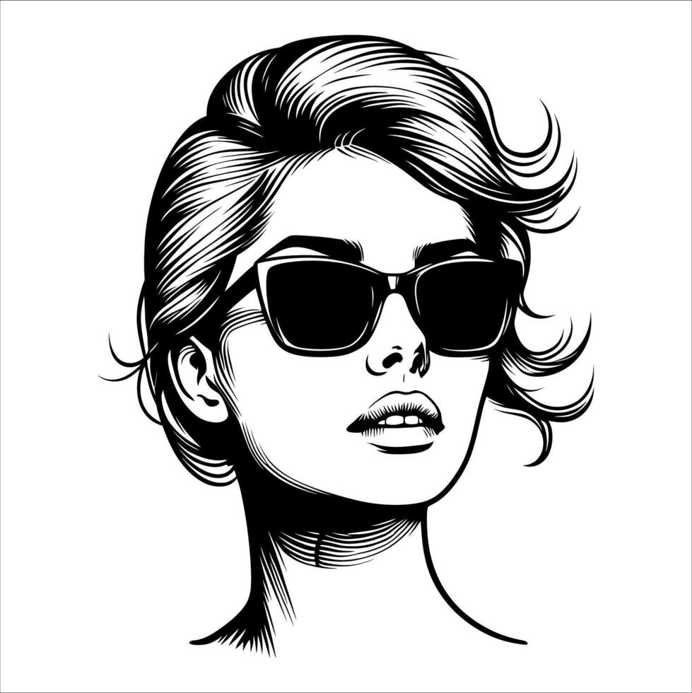 Vintage ▾ retrò donna indossare occhiali da sole linea arte comico nero e bianca 05 vettore