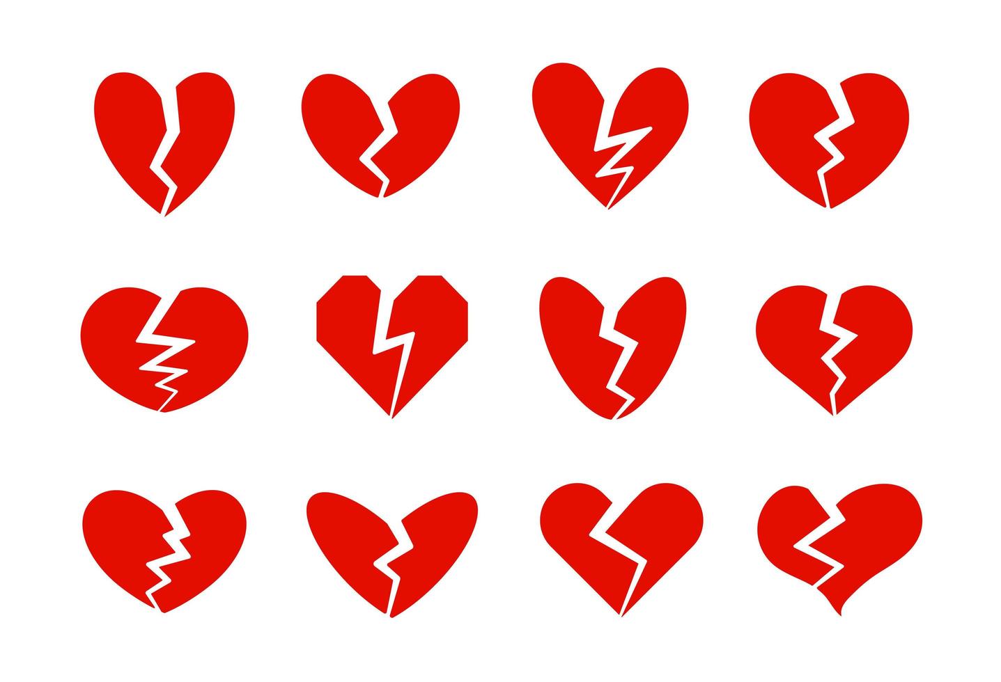 collezione di icone di cuori spezzati, crepa del cuore, simbolo di disamore. divorzio, crisi relazionale, segni di problemi familiari. icone vettoriali rosse impostate su sfondo bianco.