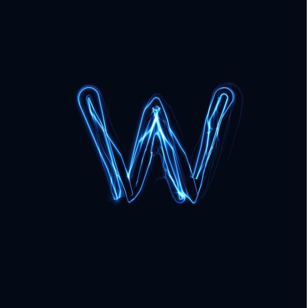 fulmine lettera realistica w, logo di guanti luminosi, simbolo di stile bagliore di energia elettrica, segno di tipo plasma tesla blu. illustrazione vettoriale di fulmine, design tipografico