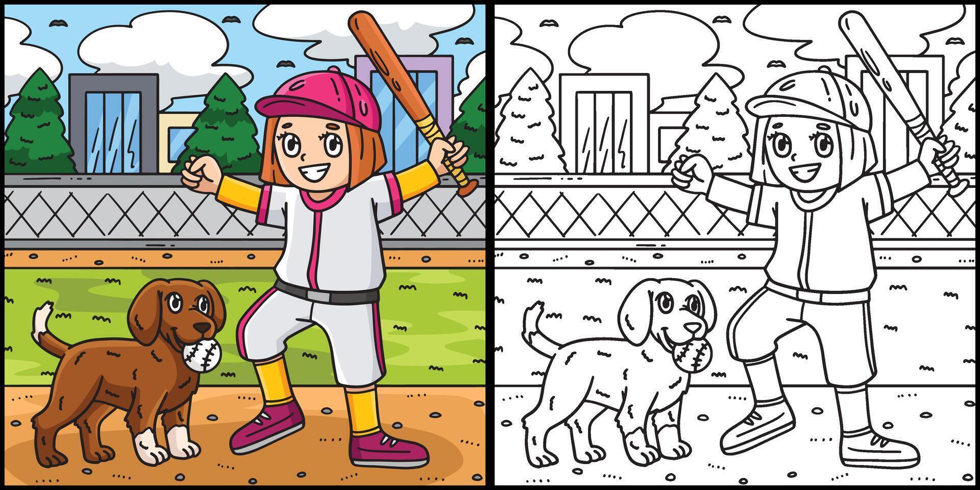 ragazza giocando baseball con un' cane illustrazione vettore