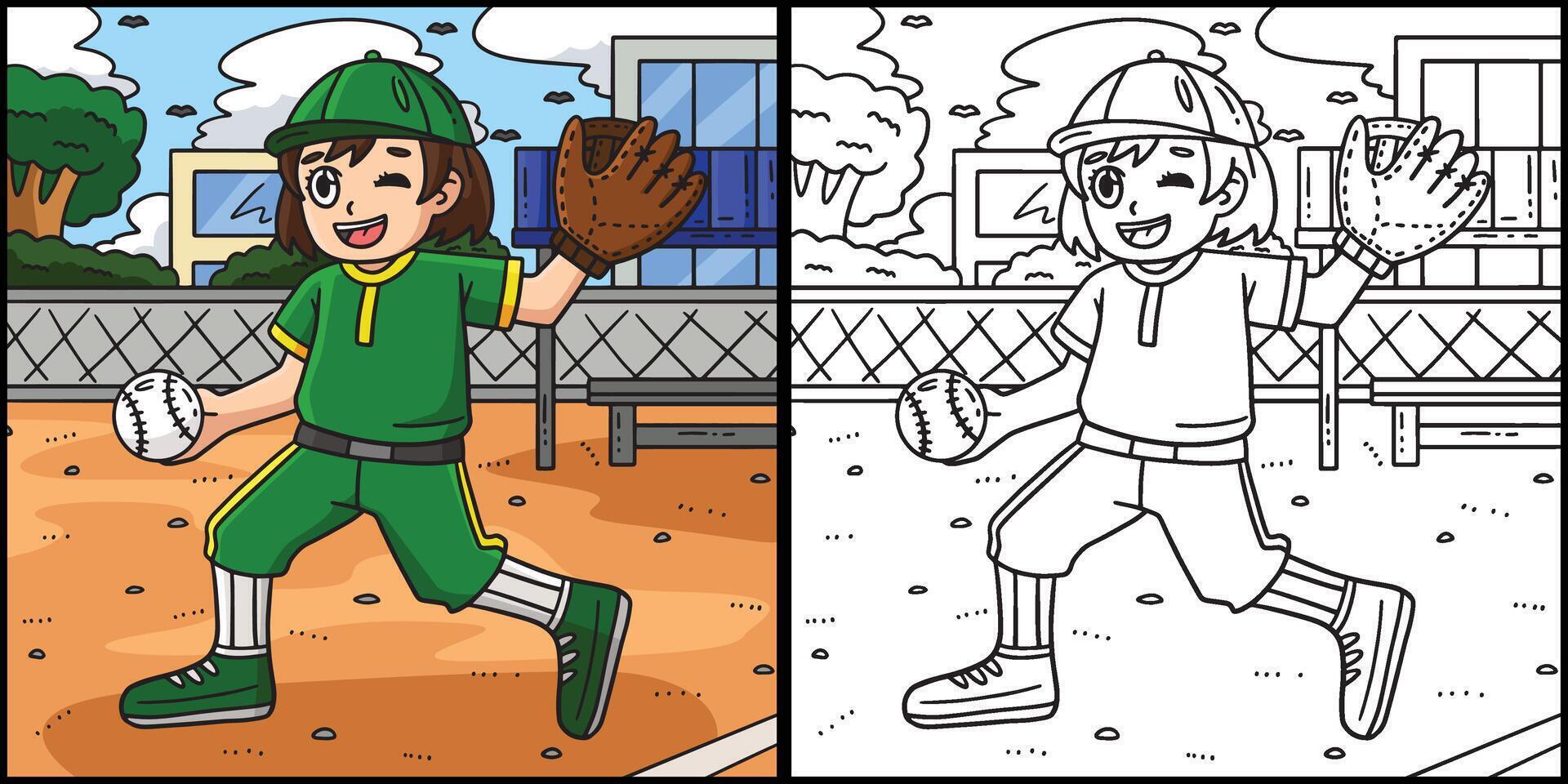 baseball ragazza brocca colorazione pagina illustrazione vettore
