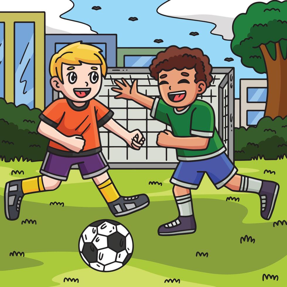 bambini giocando calcio colorato cartone animato illustrazione vettore