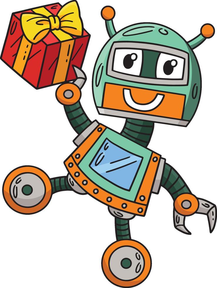 robot con un' presente cartone animato colorato clipart vettore