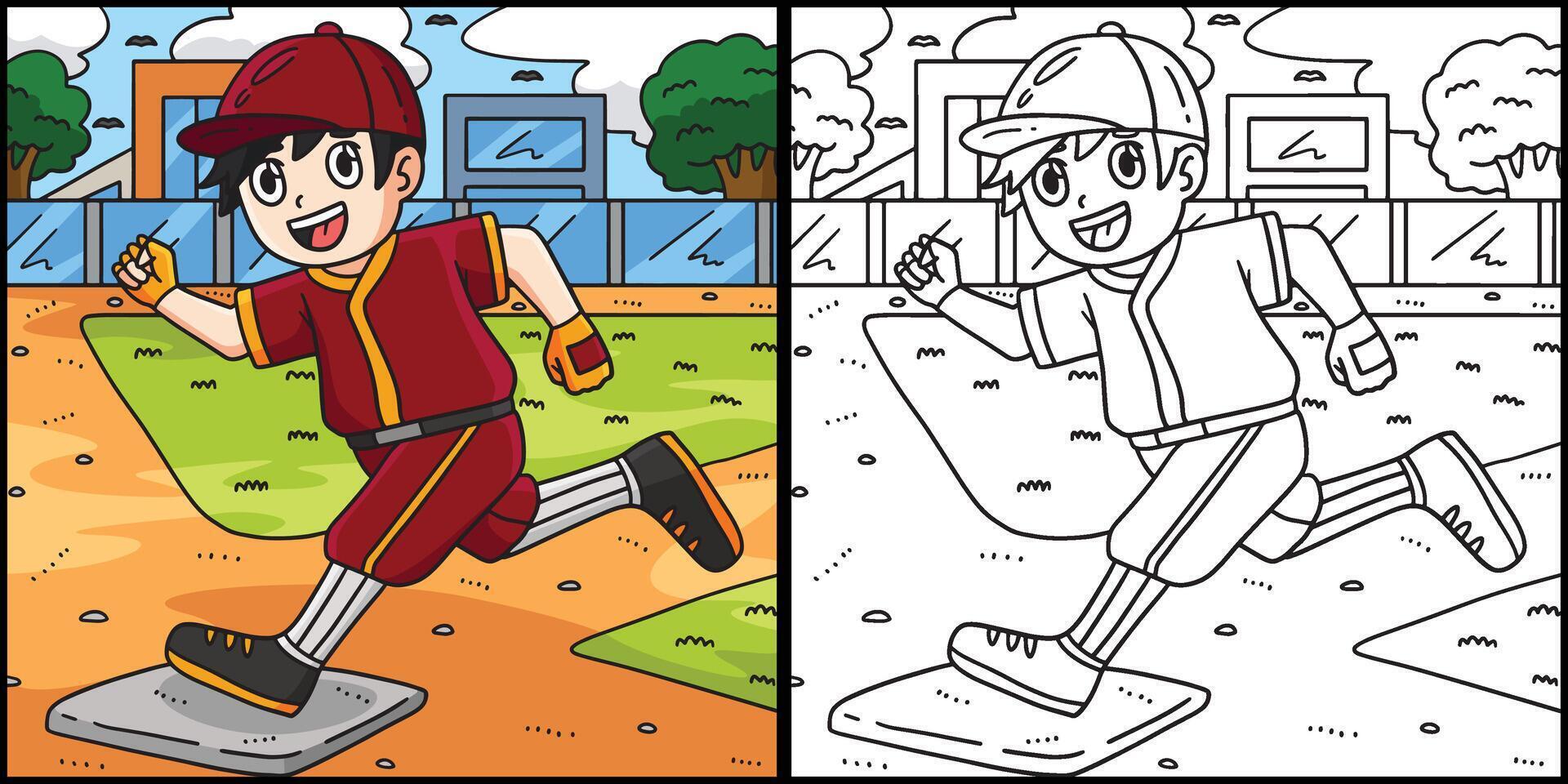 baseball ragazzo raggiungendo base colorazione illustrazione vettore