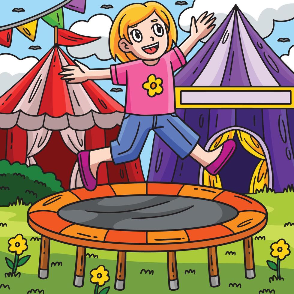 circo bambino e trampolino colorato cartone animato vettore