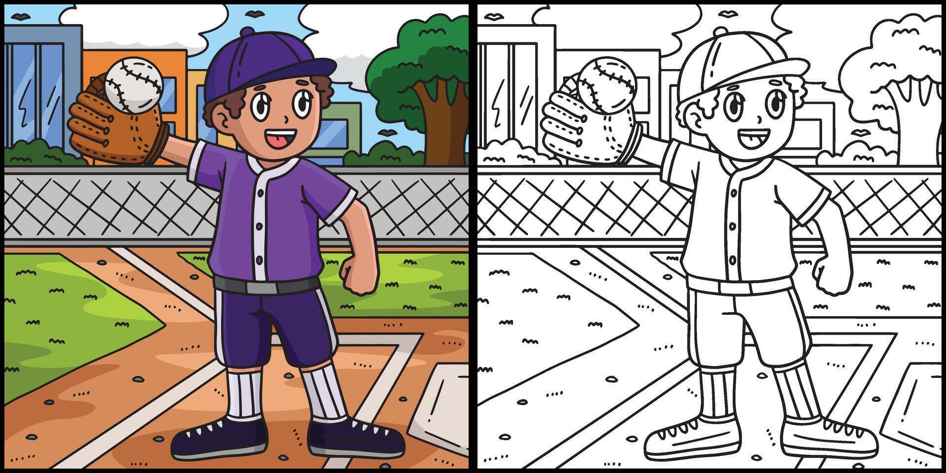 ragazzo raccolta baseball colorazione pagina illustrazione vettore