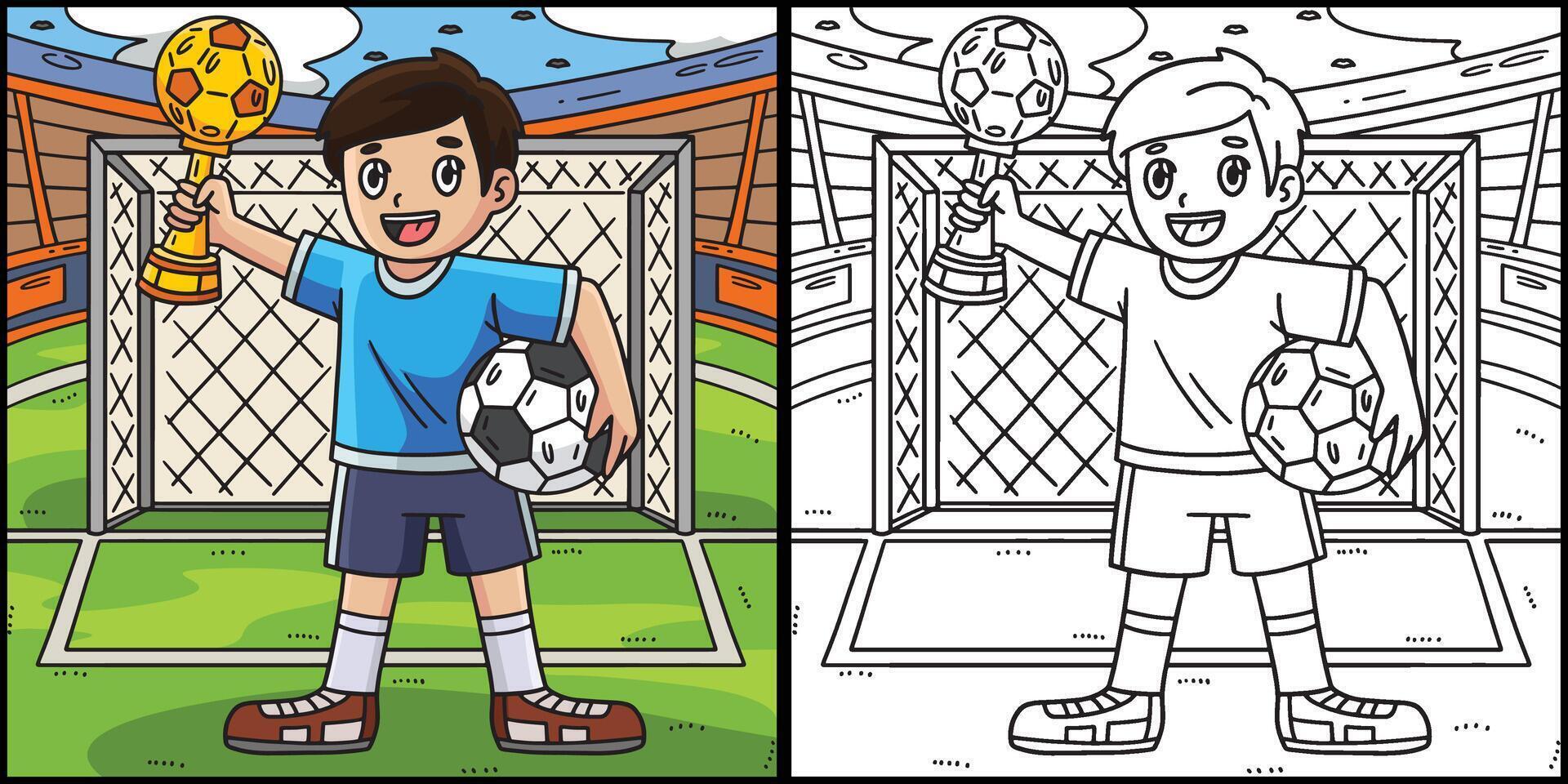 ragazzo con calcio trofeo colorazione illustrazione vettore